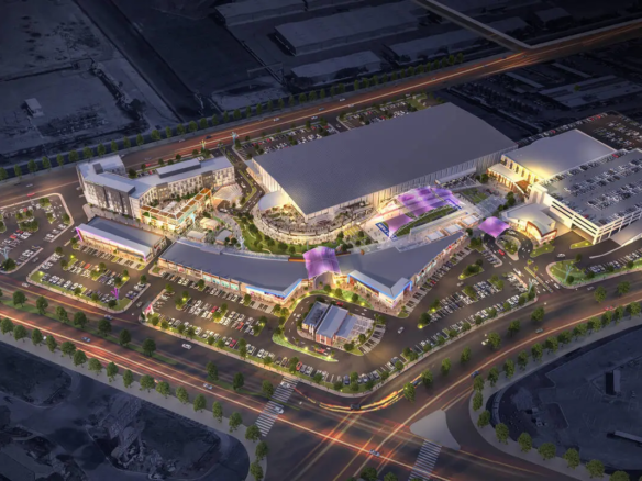 Rendering of the Hylo Park mixed-use development in North Las Vegas, showing retail shops, hotel, indoor sports complex, and pedestrian-friendly plaza planned for the former Texas Station casino site.