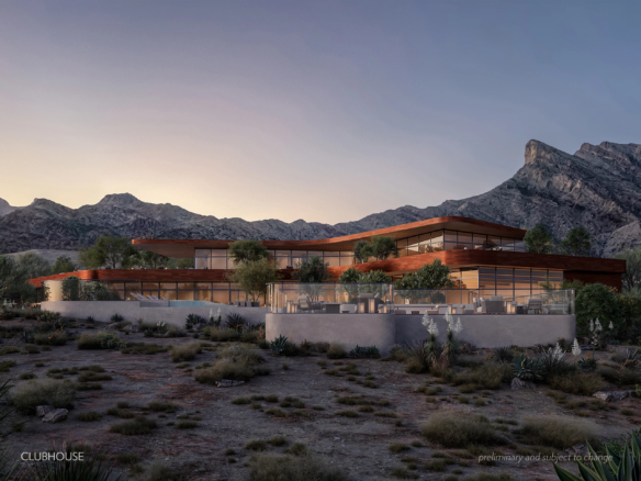 Astra clubhouse rendering at La Madre Peaks in Summerlin West, showcasing contemporary desert architecture, expansive outdoor gathering spaces, and panoramic Red Rock Canyon mountain views.