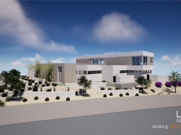 Architectural rendering of a contemporary custom home designed by LUXUS Design Build for an approved homesite in Ascaya, Henderson, featuring modern desert architecture, clean lines, expansive windows, and integrated desert landscaping.
