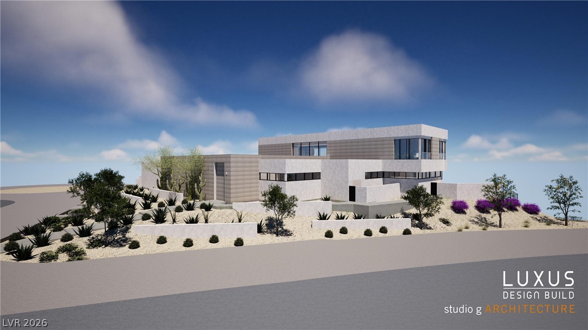 Architectural rendering of a contemporary custom home designed by LUXUS Design Build for an approved homesite in Ascaya, Henderson, featuring modern desert architecture, clean lines, expansive windows, and integrated desert landscaping.