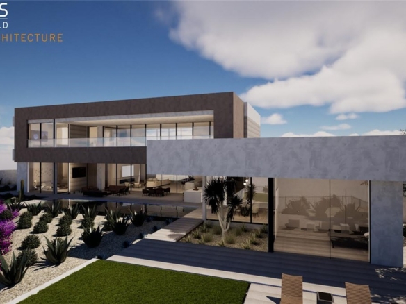 Architectural rendering of a modern custom residence by LUXUS Design Build in Ascaya, Henderson, featuring expansive walls of glass, contemporary desert architecture, outdoor living spaces, and Strip-view homesite landscaping.