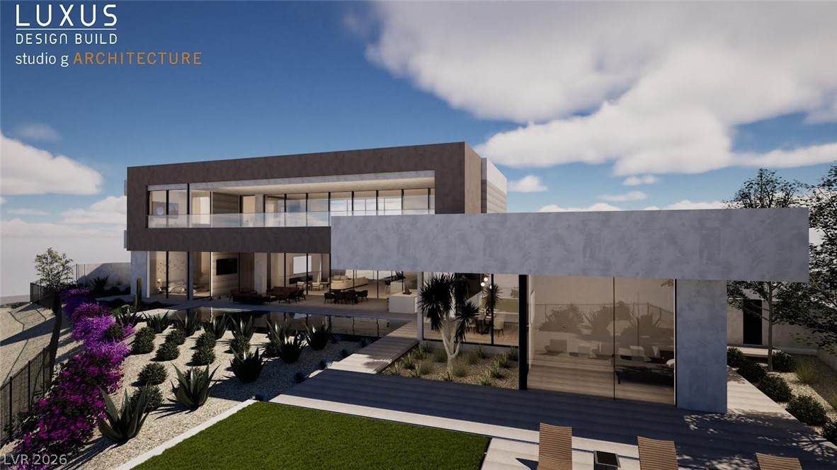 Architectural rendering of a modern custom residence by LUXUS Design Build in Ascaya, Henderson, featuring expansive walls of glass, contemporary desert architecture, outdoor living spaces, and Strip-view homesite landscaping.